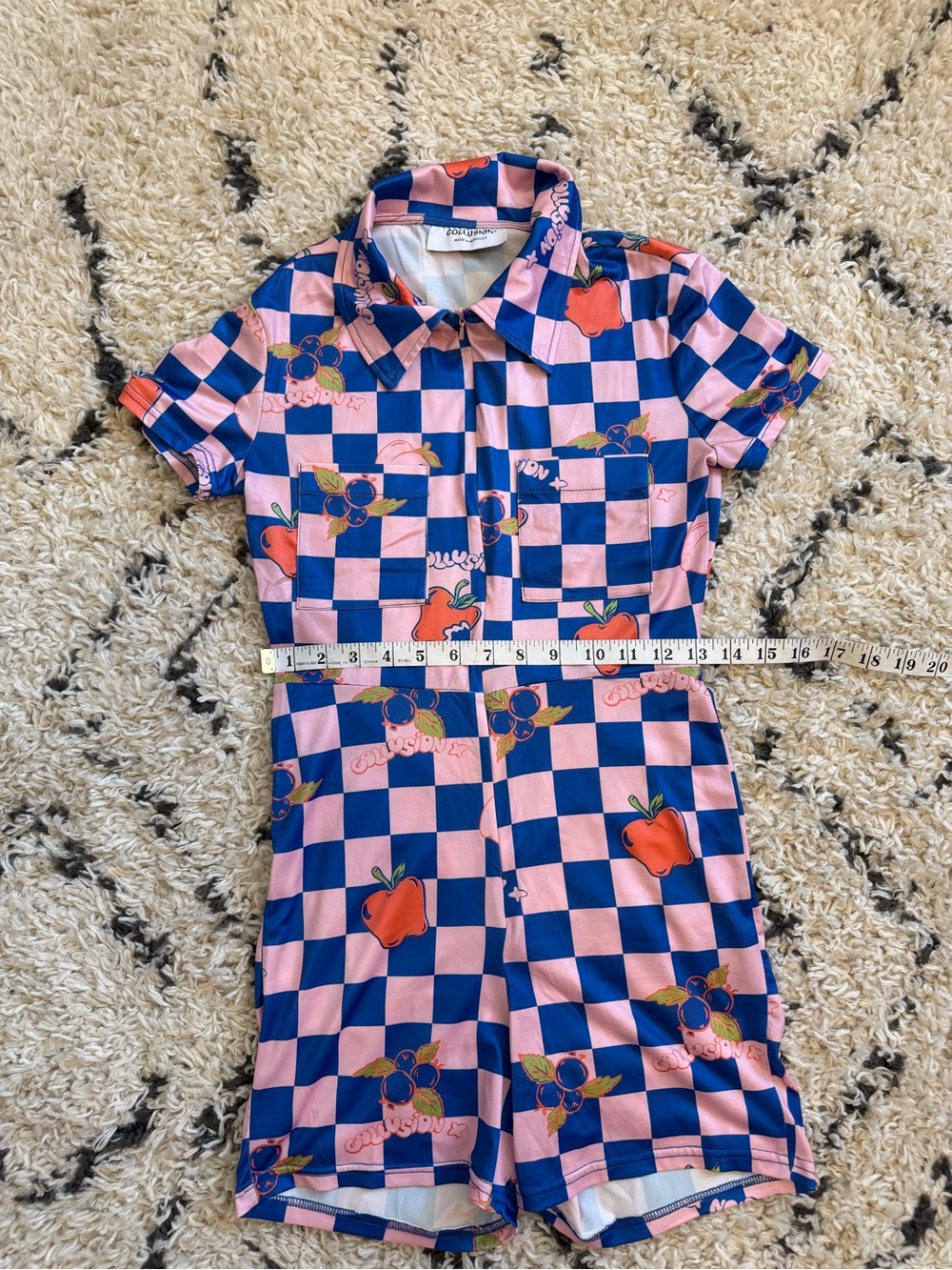 Collusion Pink & Navy Checker Floral Fruit Romper Woman size US 8